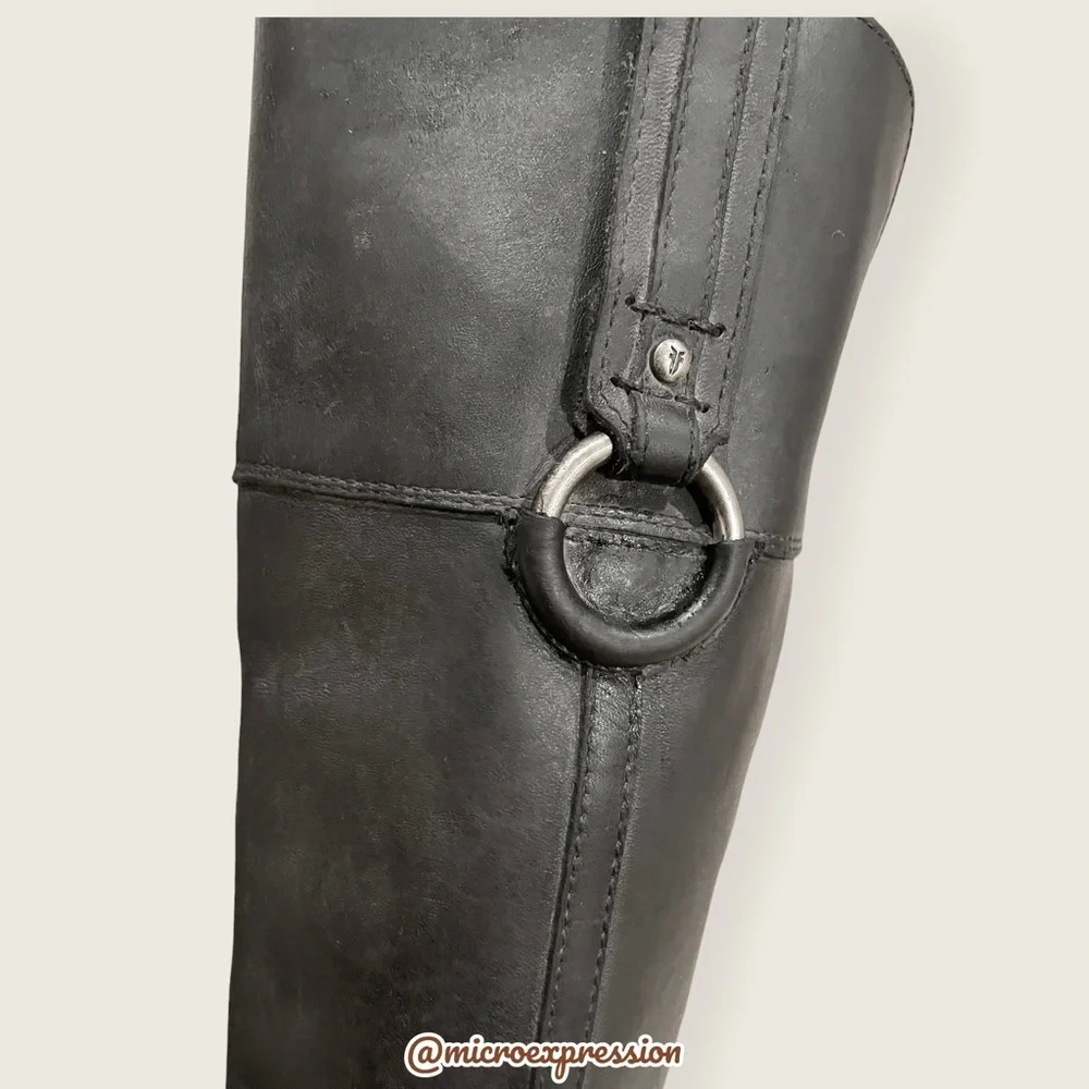 $389 Frye Jamie Ring Tall Distressed Stone Black Leather Knee High Zip Up Boot